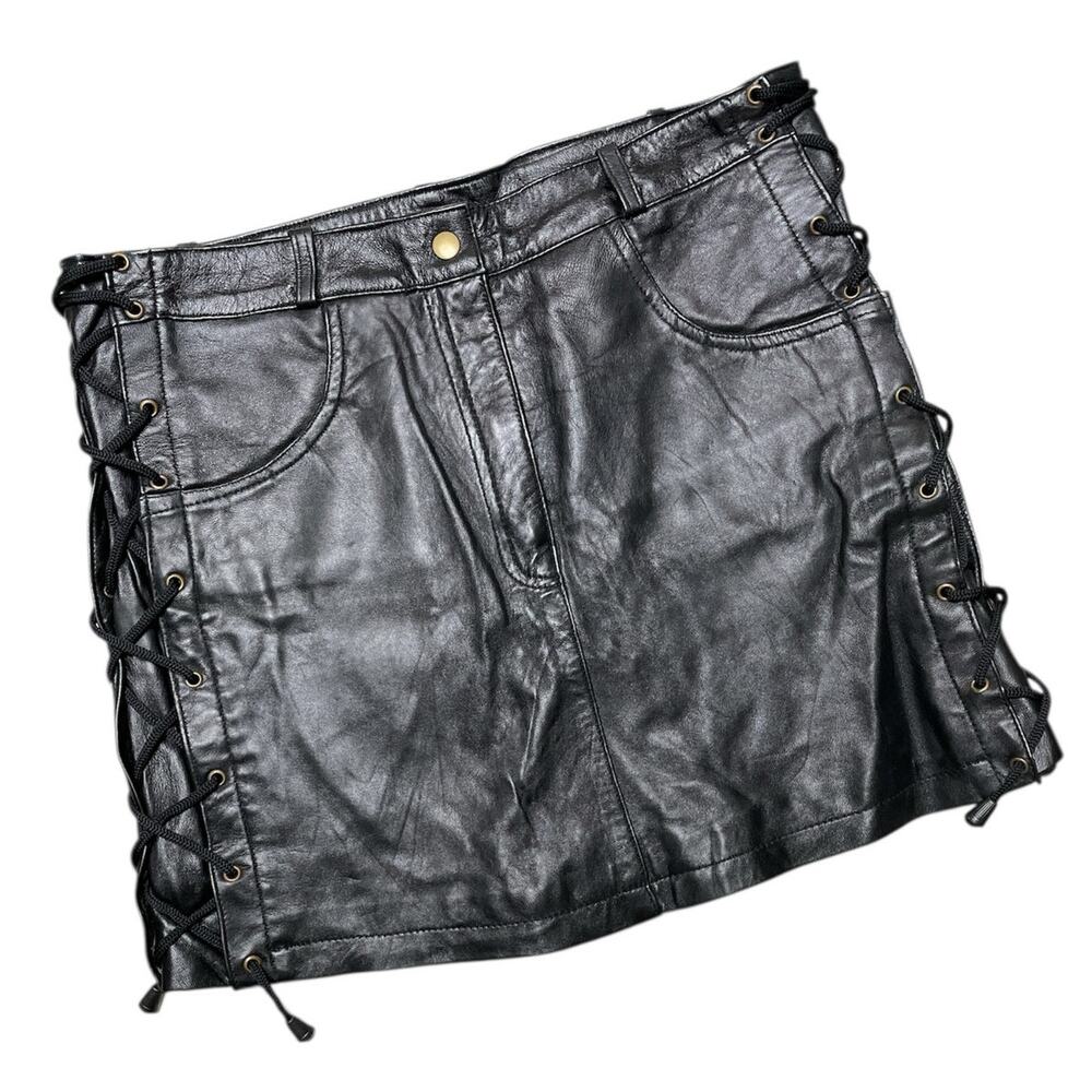 Black Side Laced Mini Leather Skirt size Medium